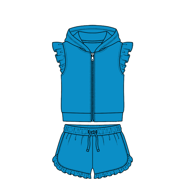 Baby Girls Blue Zipper Hoodie Jacket Ruffle Shorts Clothes Set Preorder