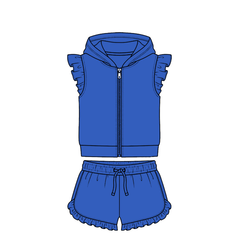 Baby Girls Hot Blue Zipper Hoodie Jacket Ruffle Shorts Clothes Set Preorder