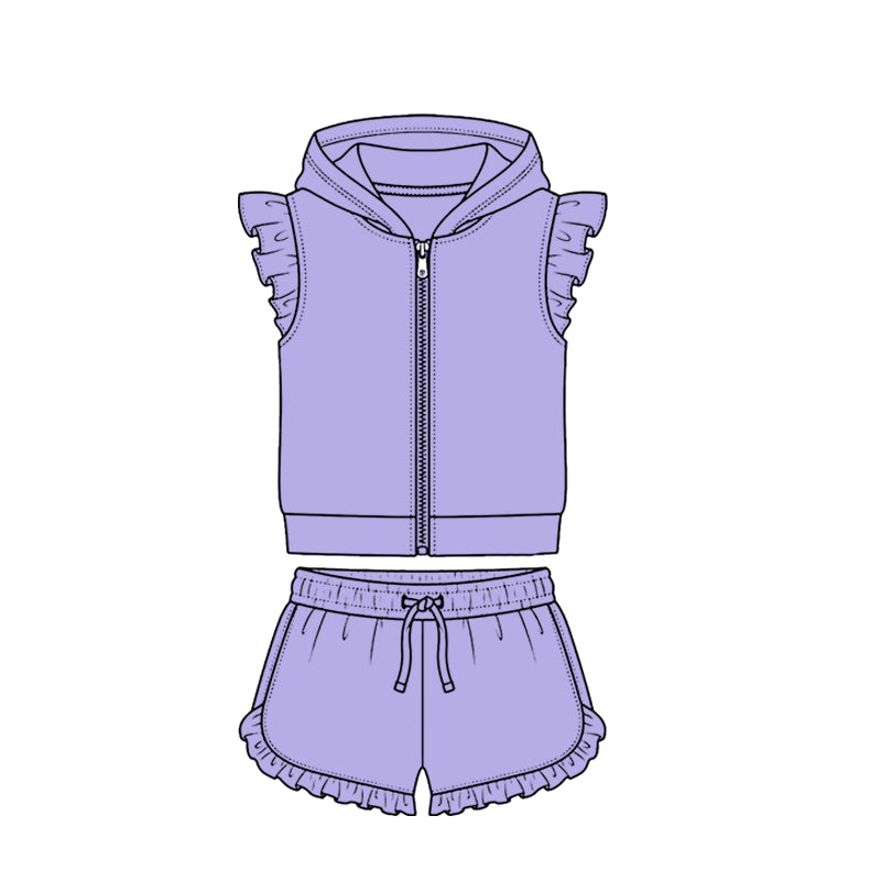 Baby Girls Light Purple Zipper Hoodie Jacket Ruffle Shorts Clothes Set Preorder