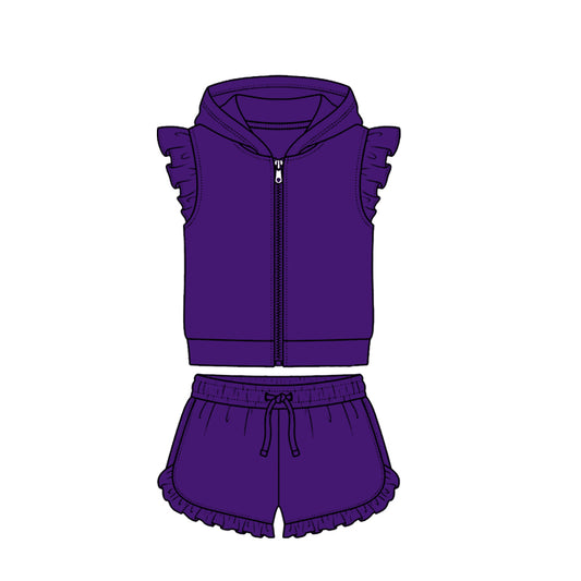 Baby Girls Purple Zipper Hoodie Jacket Ruffle Shorts Clothes Set Preorder