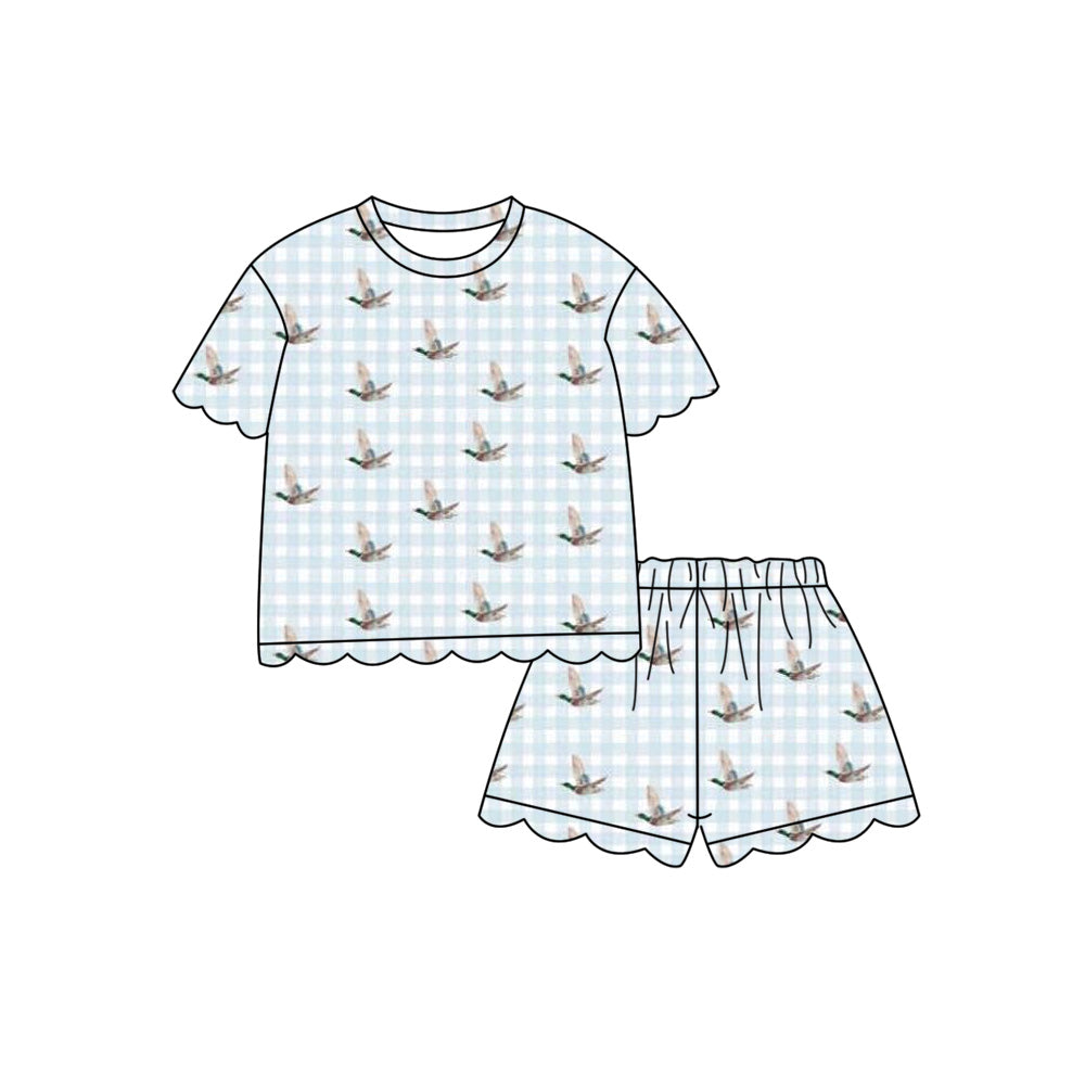 Baby Girls Blue Checked Ducks Top Short Hunting Scallop Clothes Set Preorder