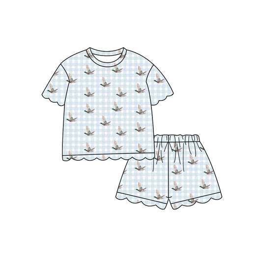 Baby Girls Blue Checked Ducks Top Short Hunting Scallop Clothes Set Preorder
