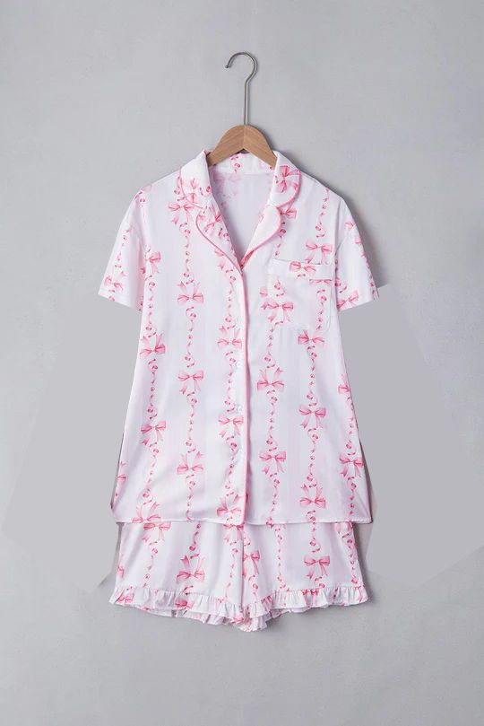Baby Girls Pink Bows Flowers Button Pocket Top Ruffle Short Pajamas Set Preorder