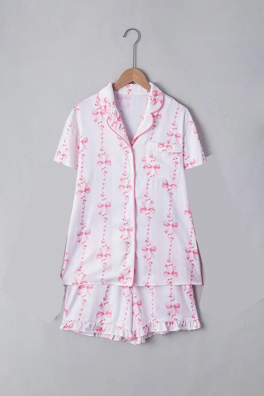 Baby Girls Pink Bows Flowers Button Pocket Top Ruffle Short Pajamas Set Preorder