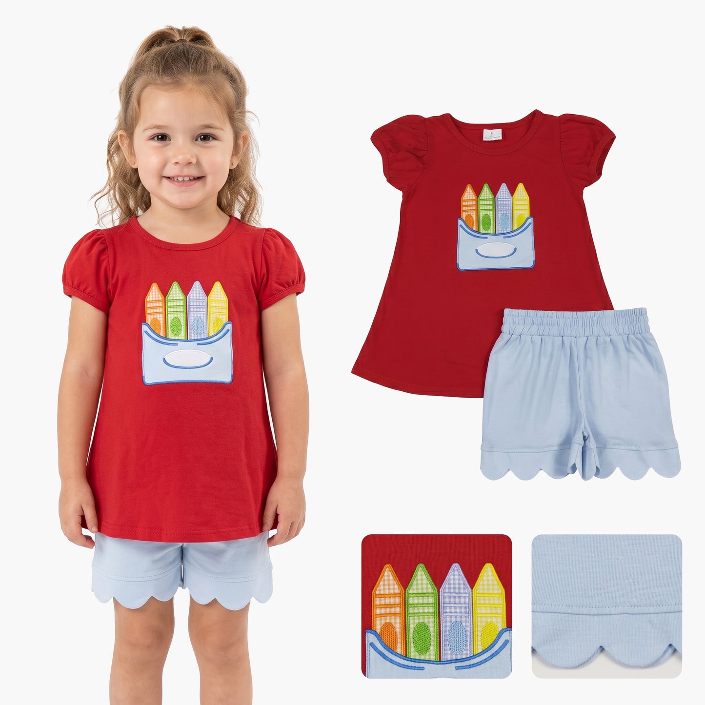 Embroidery Pencils Baby Girls Tunic Scallop Short Back to School Clothes Set