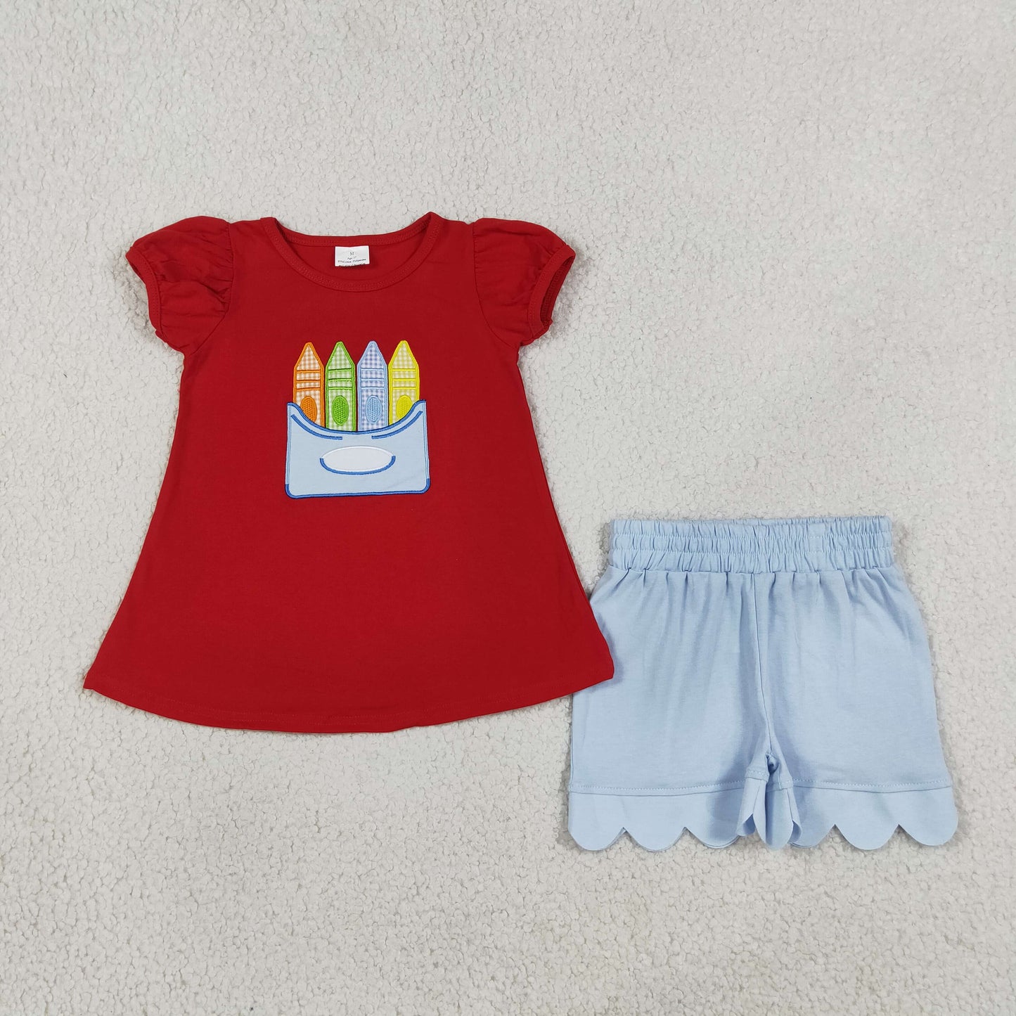 Embroidery Pencils Baby Girls Tunic Scallop Short Back to School Clothes Set