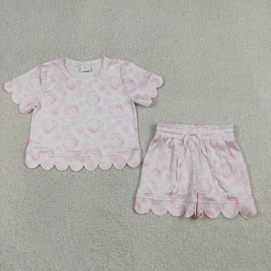 Baby Girls Shells Flowers Top Pockets Short Scallop Clothes Set