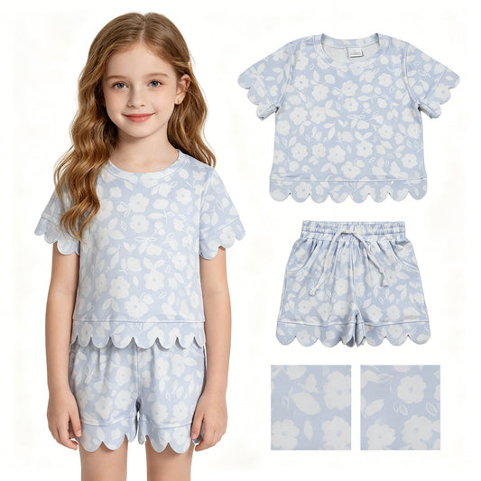 Baby Girls Light Blue Flowers Top Pockets Short Scallop Clothes Set