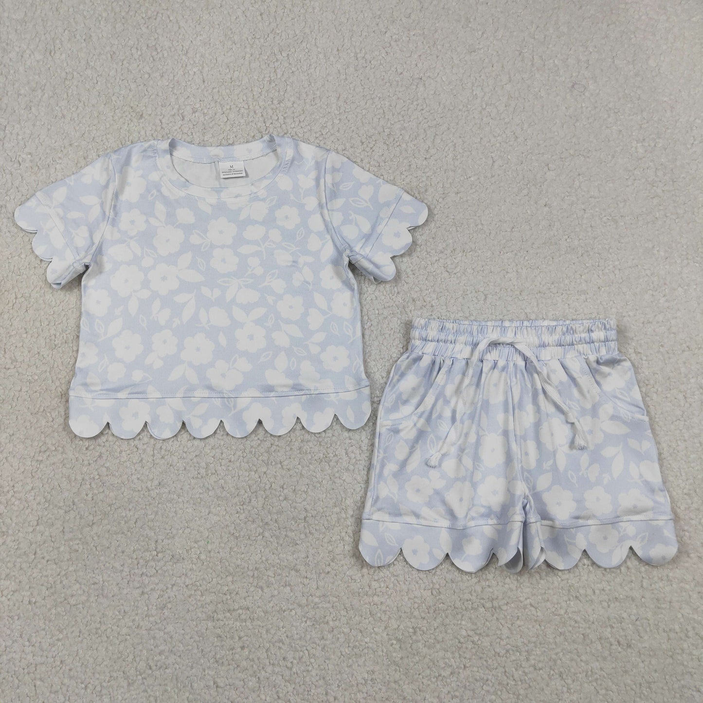 Baby Girls Light Blue Flowers Top Pockets Short Scallop Clothes Set