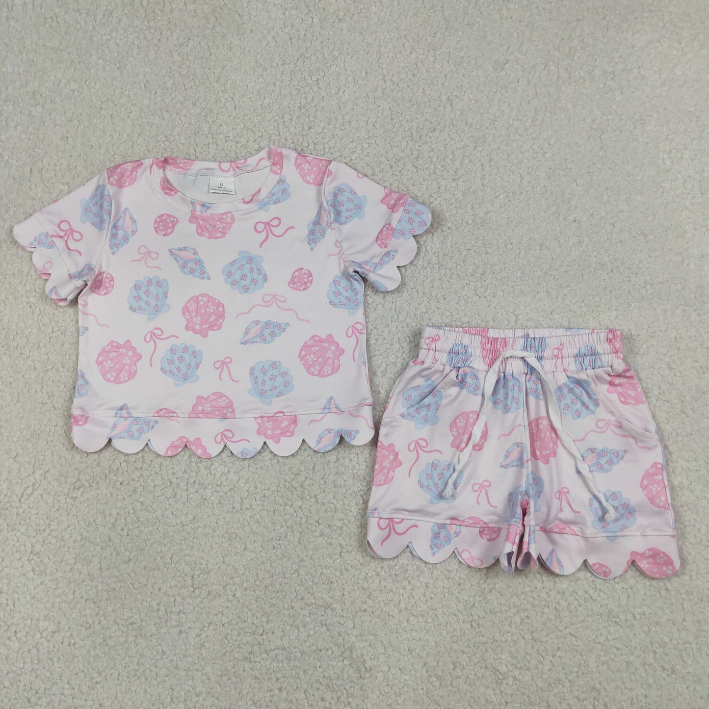 Baby Girls Bows Flower Shells Top Pockets Short Scallop Clothes Set