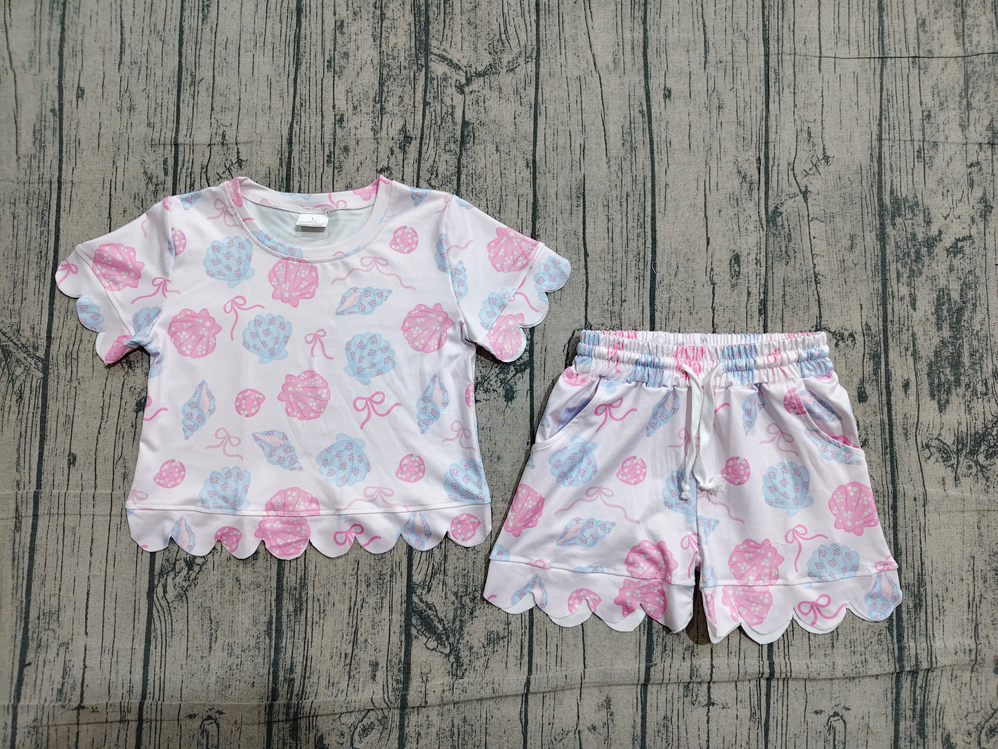 Baby Girls Bows Flower Shells Top Pockets Short Scallop Clothes Set