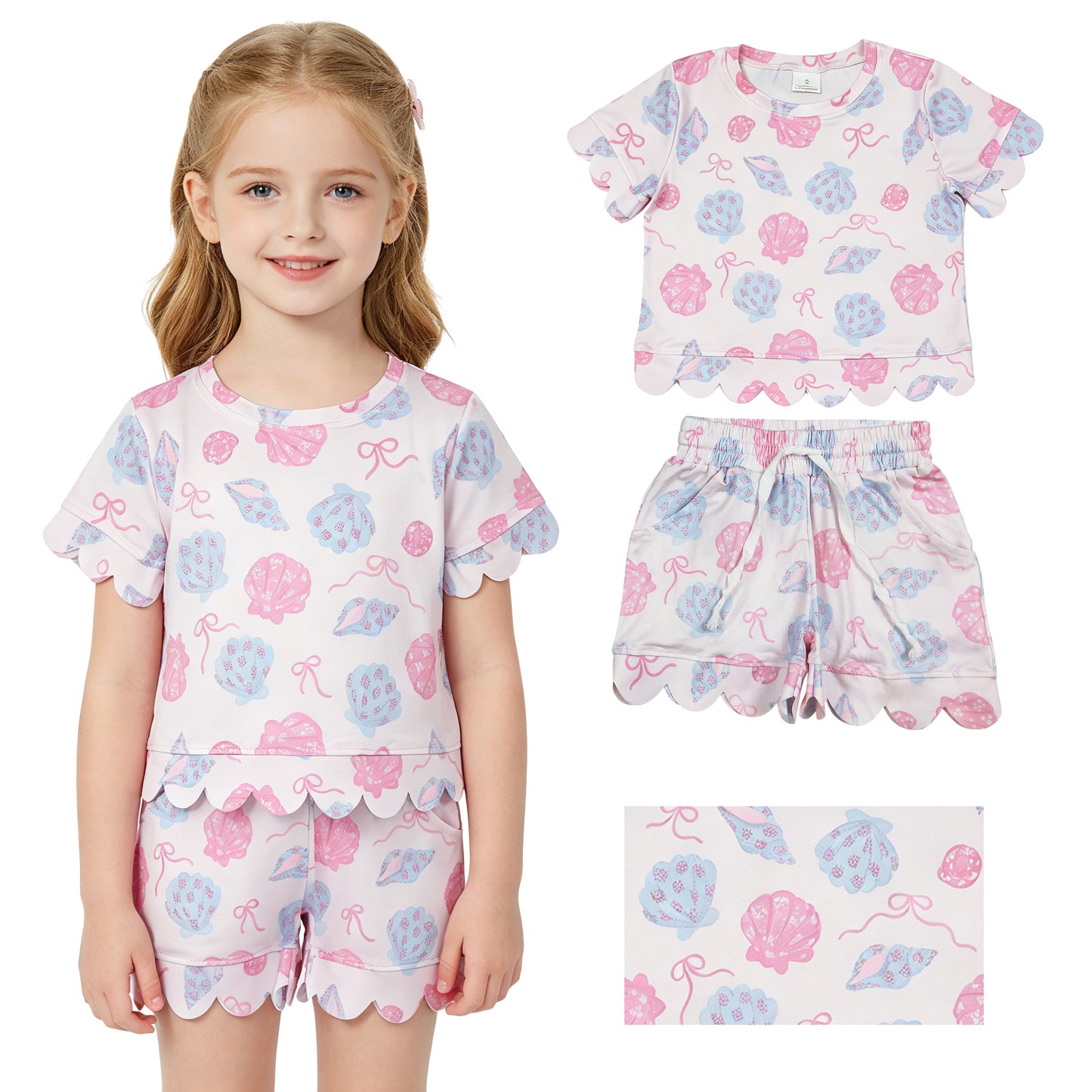 Baby Girls Bows Flower Shells Top Pockets Short Scallop Clothes Set