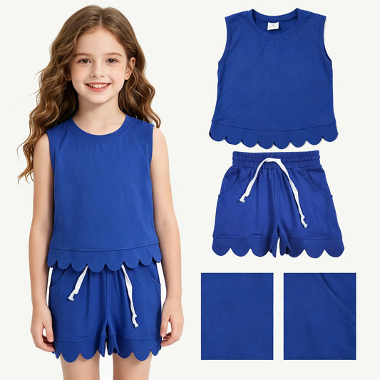 Baby Girls Hot Blue Sleeveless Vest Top Pockets Short Scallop Clothes Set