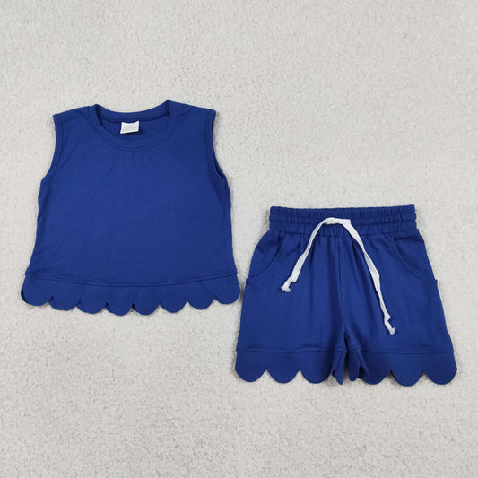 Sibling Baby Girls Sleeveless Vests Top Pockets Short Scallop Clothes Sets