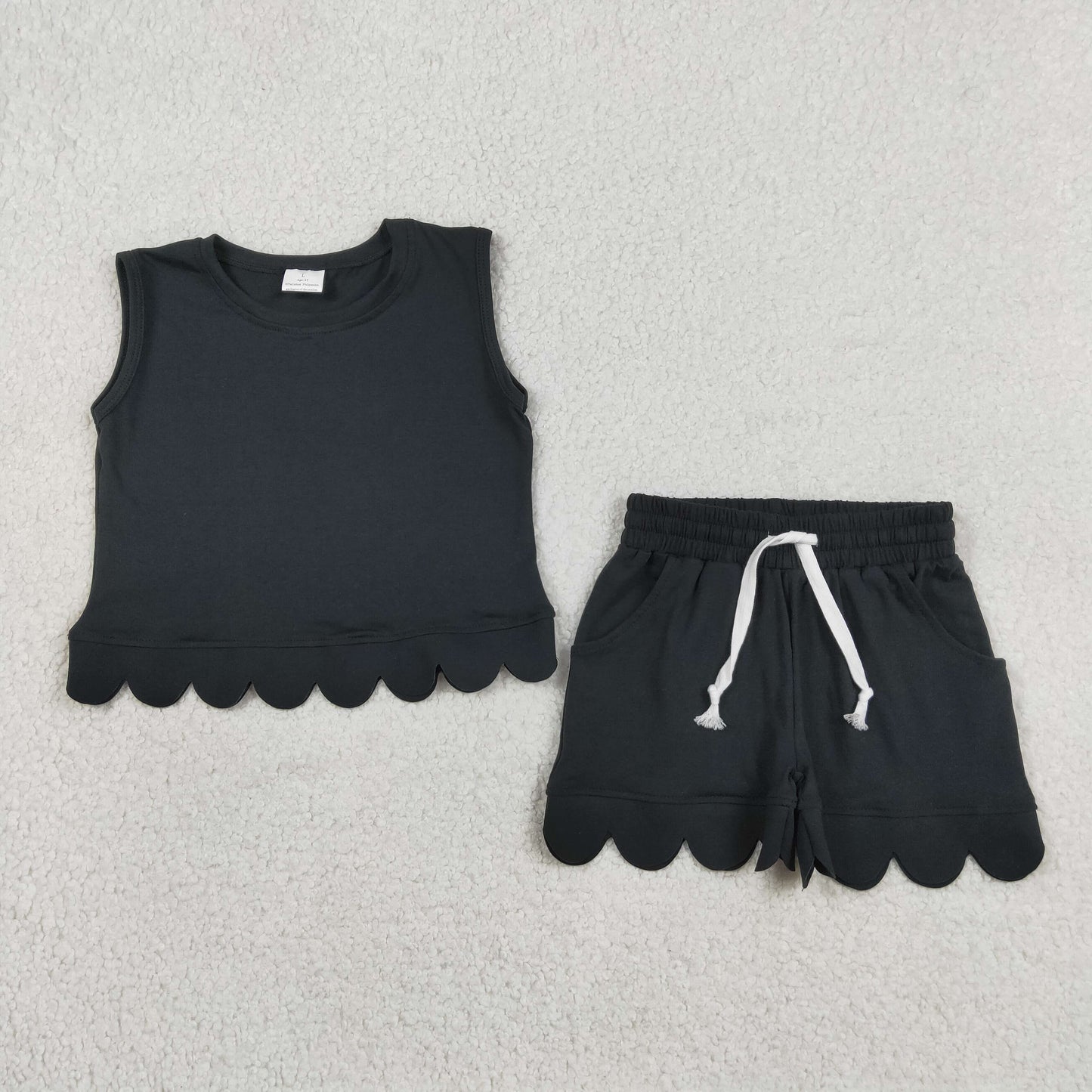 Baby Girls Black Sleeveless Vest Top Pockets Short Scallop Clothes Set