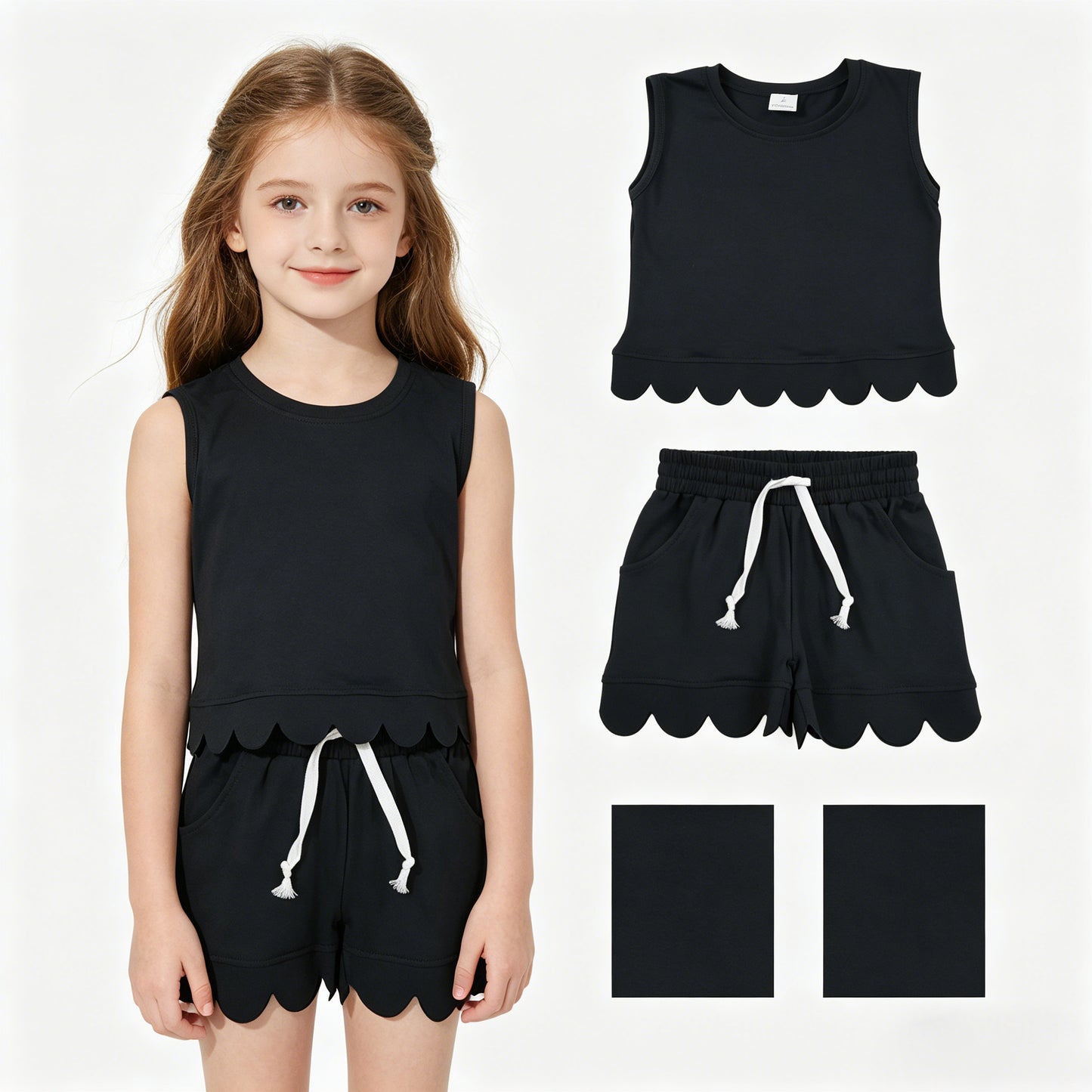 Baby Girls Black Sleeveless Vest Top Pockets Short Scallop Clothes Set