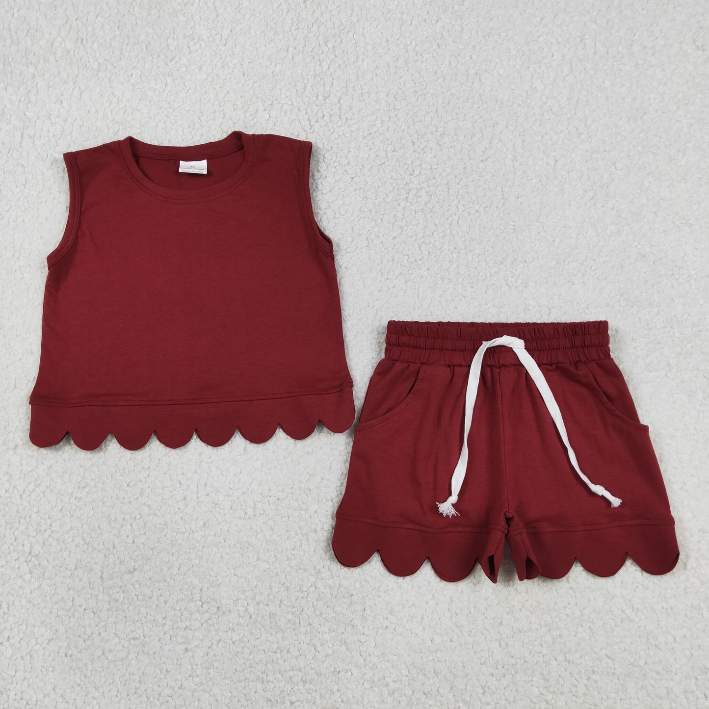 Baby Girls Maroon Sleeveless Vest Top Pockets Short Scallop Clothes Set