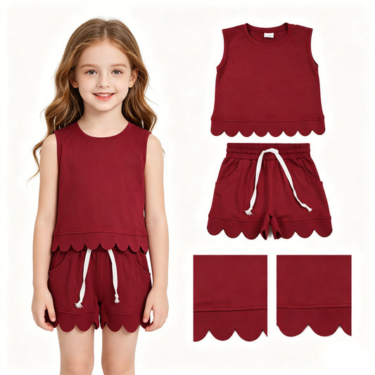 Baby Girls Maroon Sleeveless Vest Top Pockets Short Scallop Clothes Set