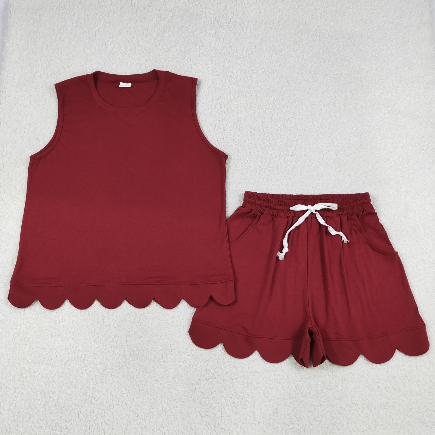 Mama and Me Girls Maroon Sleeveless Vest Pockets Short Cotton Scallop Clothes Sets