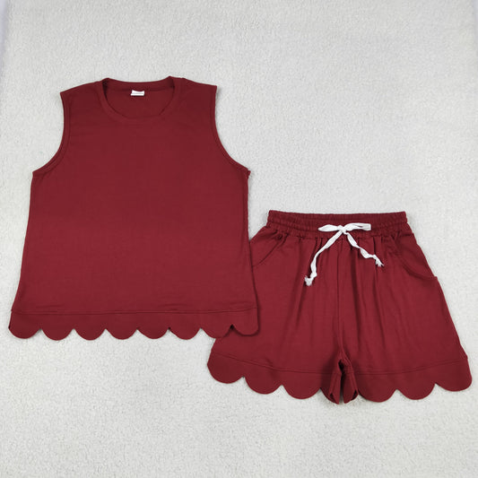 Mama and Me Girls Maroon Sleeveless Vest Pockets Short Cotton Scallop Clothes Sets
