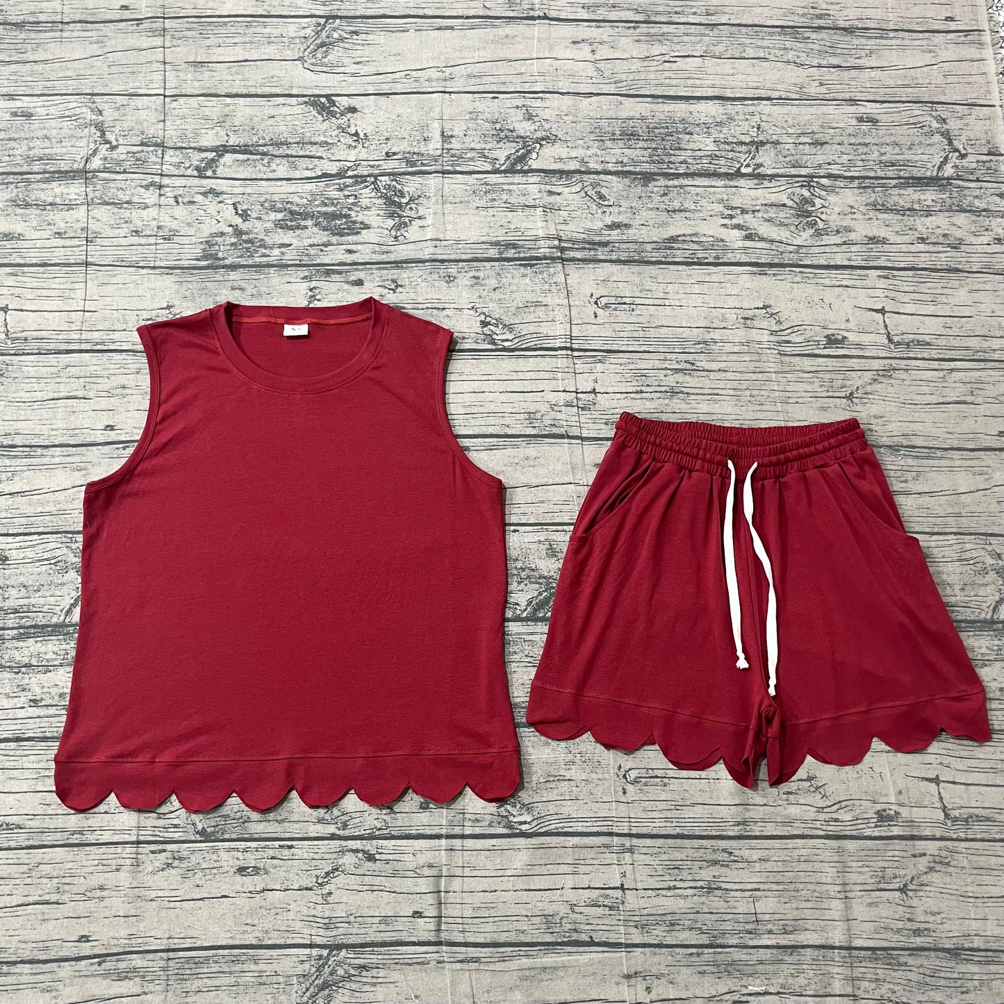 Adult Women Maroon Sleeveless Top Pockets Short Scallop Clothes Sets