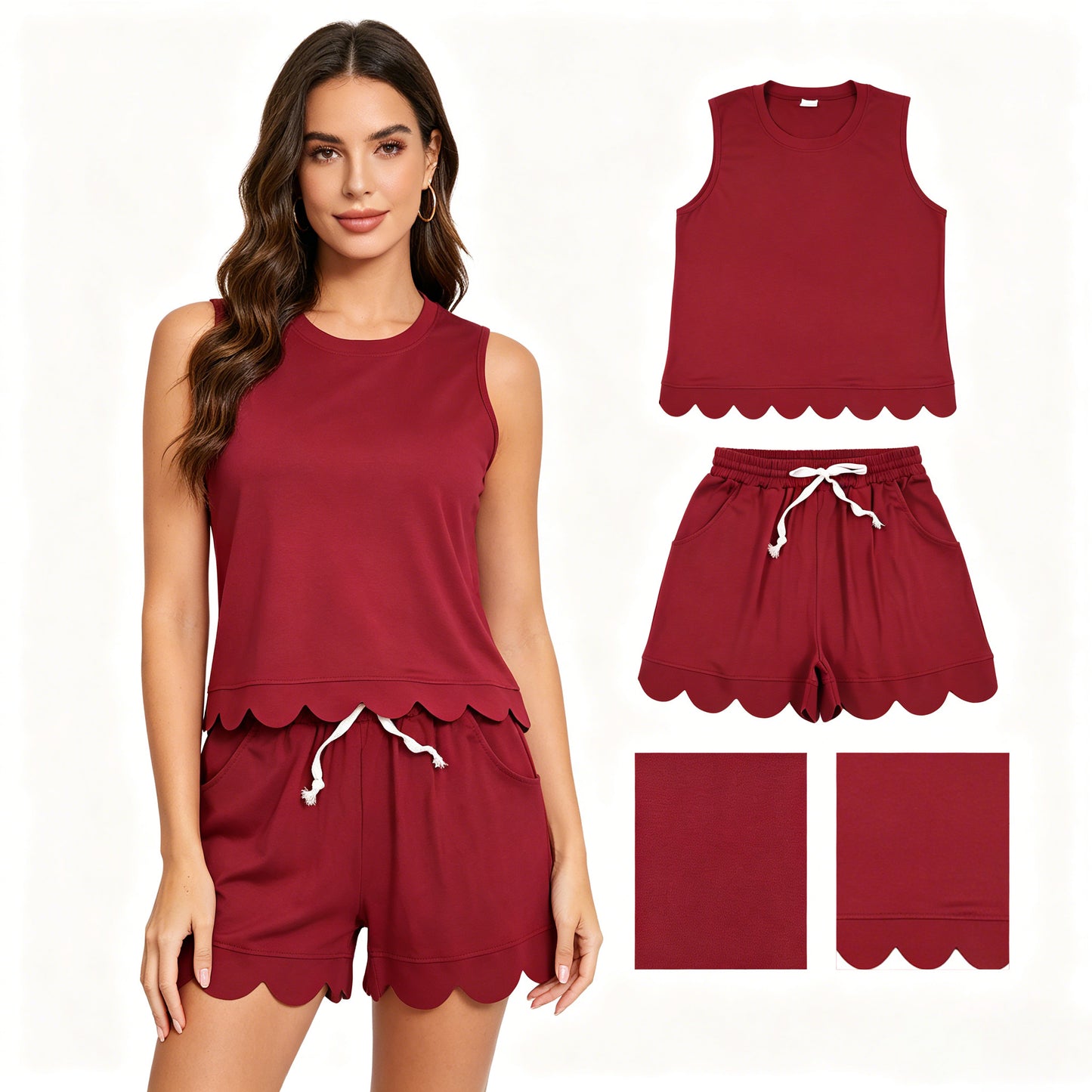 Adult Women Maroon Sleeveless Top Pockets Short Scallop Clothes Sets