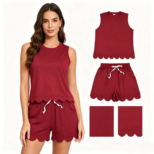 Adult Women Maroon Sleeveless Top Pockets Short Scallop Clothes Sets