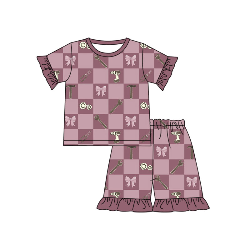 Baby Girls Red Checked Tool Bows Top Ruffle Short Pajamas Clothes Set Preorder
