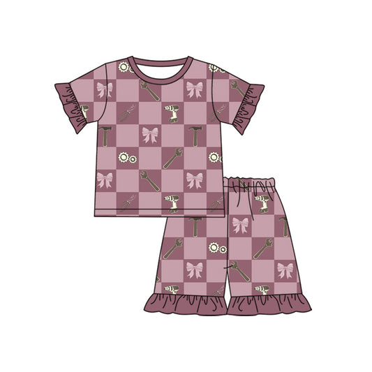 Baby Girls Red Checked Tool Bows Top Ruffle Short Pajamas Clothes Set Preorder