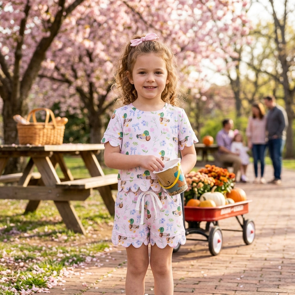 Baby Girls Ducks Flowers Bows Top Pockets Short Hunting Scallop Clothes Sets