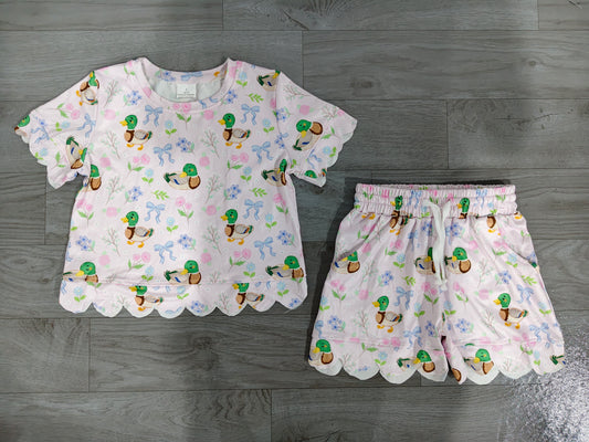 Baby Girls Ducks Flowers Bows Top Short Scallop Clothes Sets Preorder