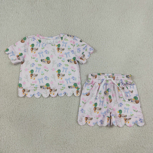 Sibling Baby Girls Flowers Ducks Top Pockets Short Scallop Clothes Set Ruffle Zip Rompers