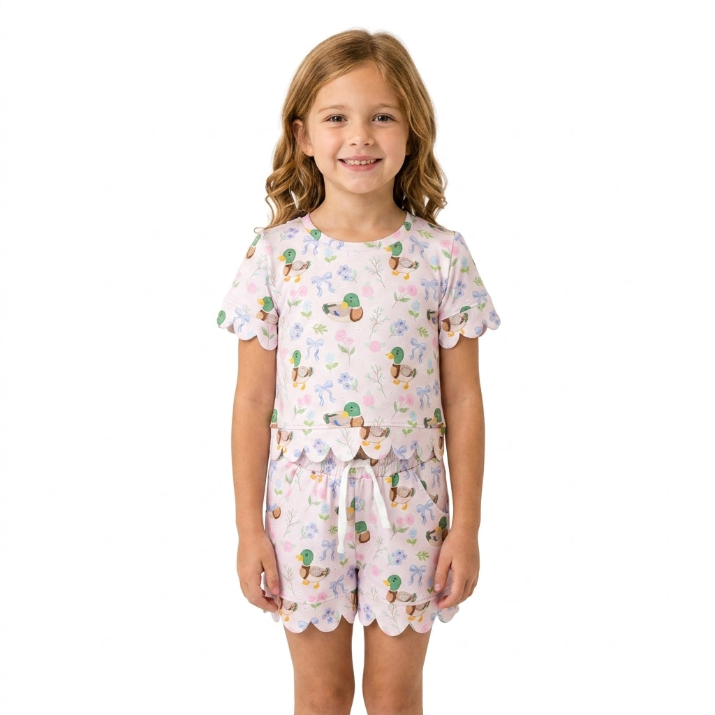 Baby Girls Ducks Flowers Bows Top Pockets Short Hunting Scallop Clothes Sets