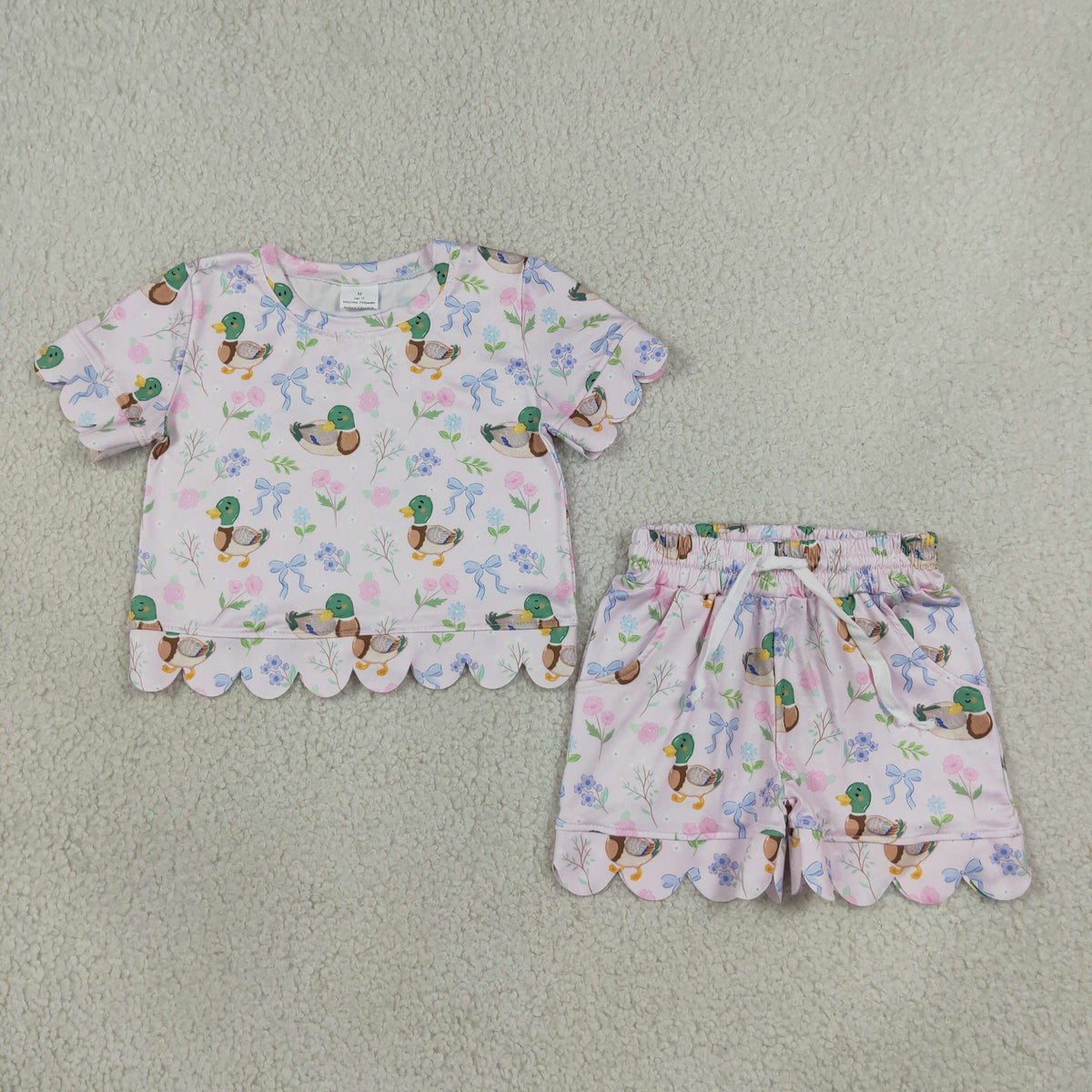 Baby Girls Ducks Flowers Bows Top Pockets Short Hunting Scallop Clothes Sets