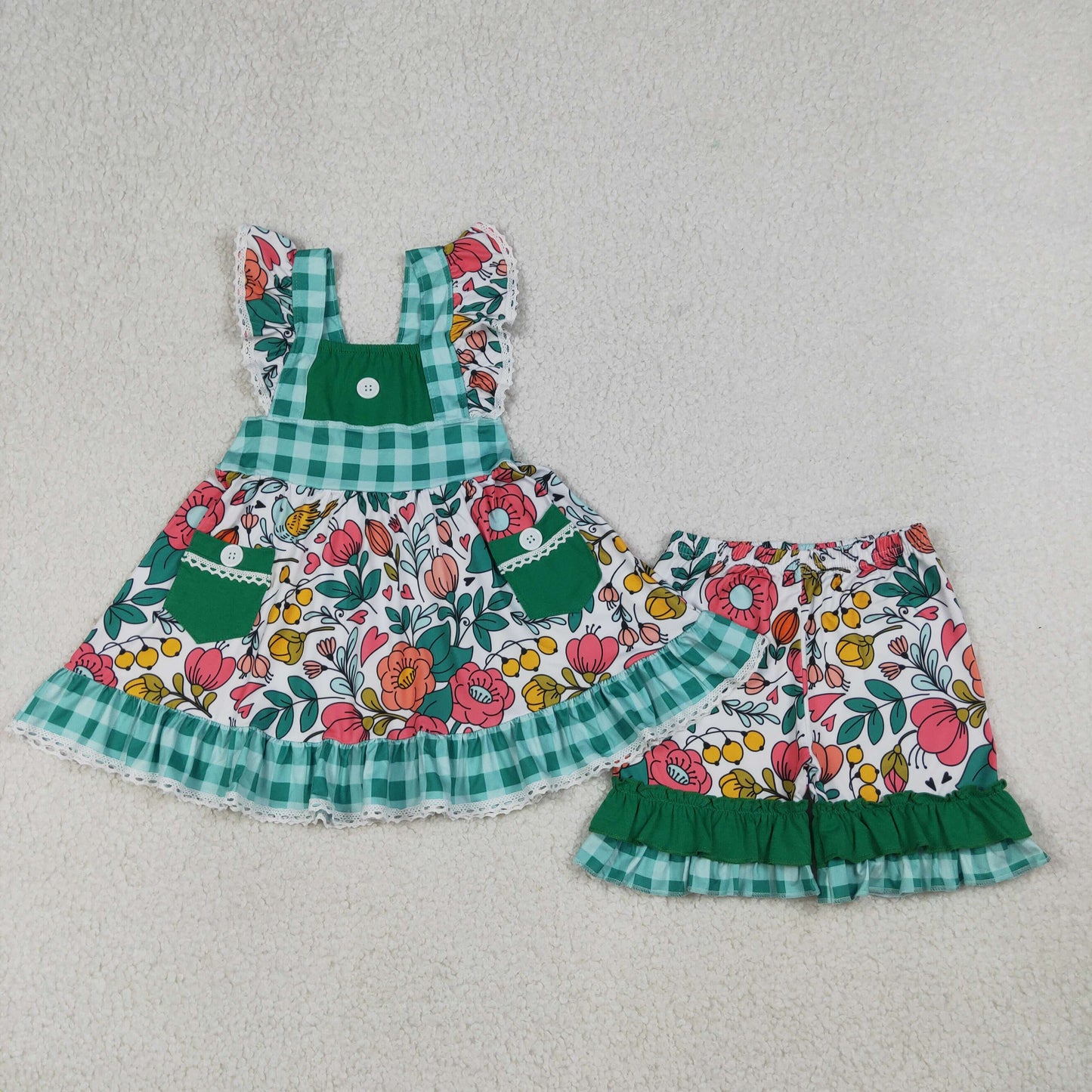 Baby Girls Flutter Sleeve Flowers Pockets Tunic Ruffle Shorts Clothes Set
