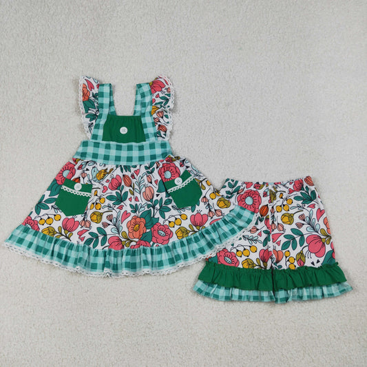 Baby Girls Flutter Sleeve Flowers Pockets Tunic Ruffle Shorts Clothes Set