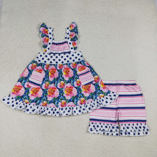 Baby Girls Flutter Sleeve Flowers Pockets Tunic Ruffle Short Clothes Set