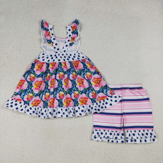 Baby Girls Flutter Sleeve Flowers Pockets Tunic Ruffle Short Clothes Set
