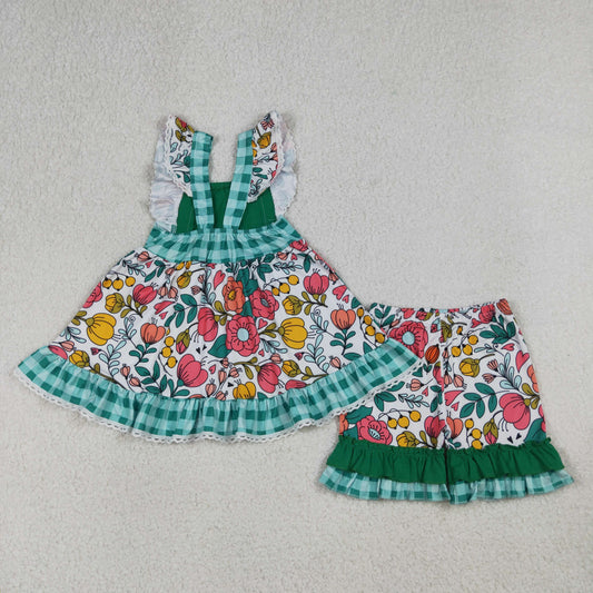 Baby Girls Flutter Sleeve Flowers Pockets Tunic Ruffle Shorts Clothes Set
