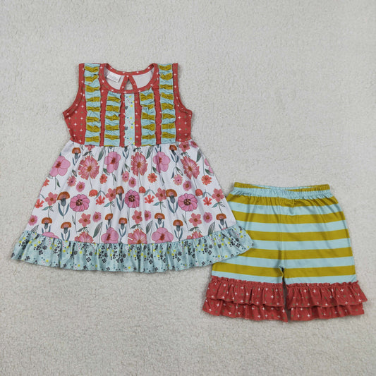 Baby Girls Sleeveless Flowers Tunic Stripe Ruffle Short Clothes Sets