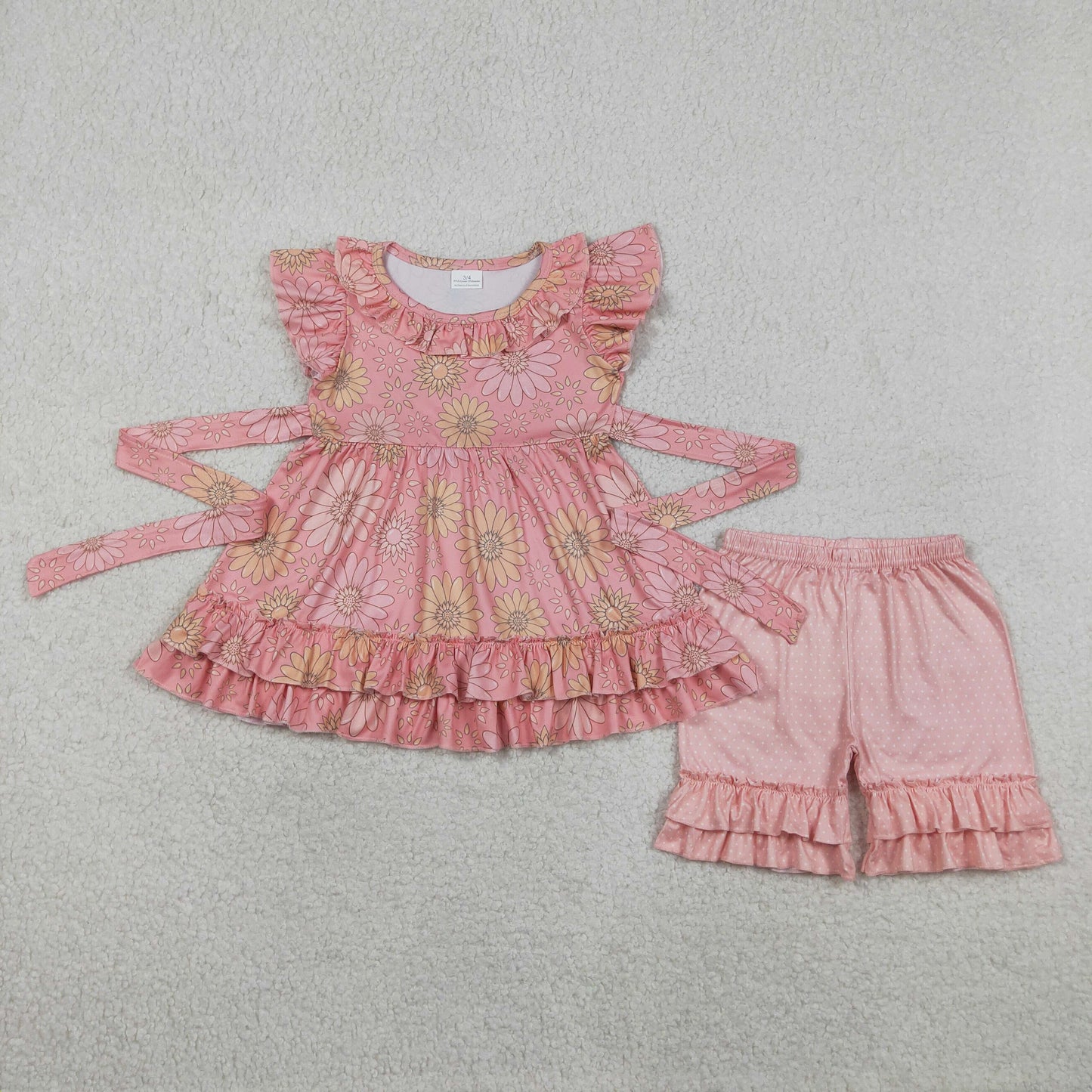 Baby Girls Flutter Sleeve Daisy Flowers Belt Tunic Ruffle Short Clothes Set