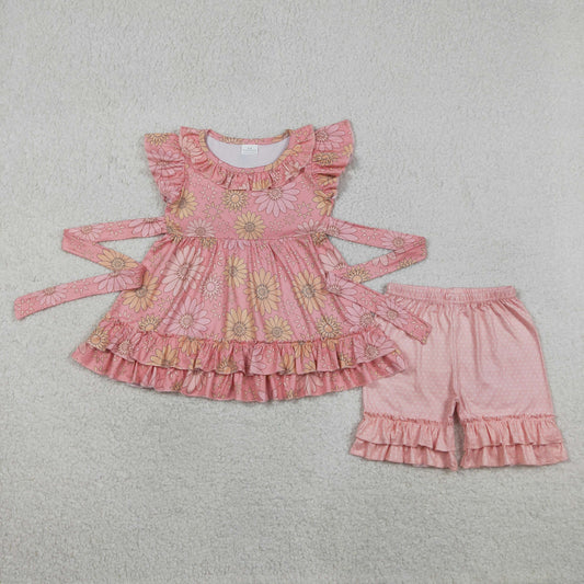 Baby Girls Flutter Sleeve Daisy Flowers Belt Tunic Ruffle Short Clothes Set