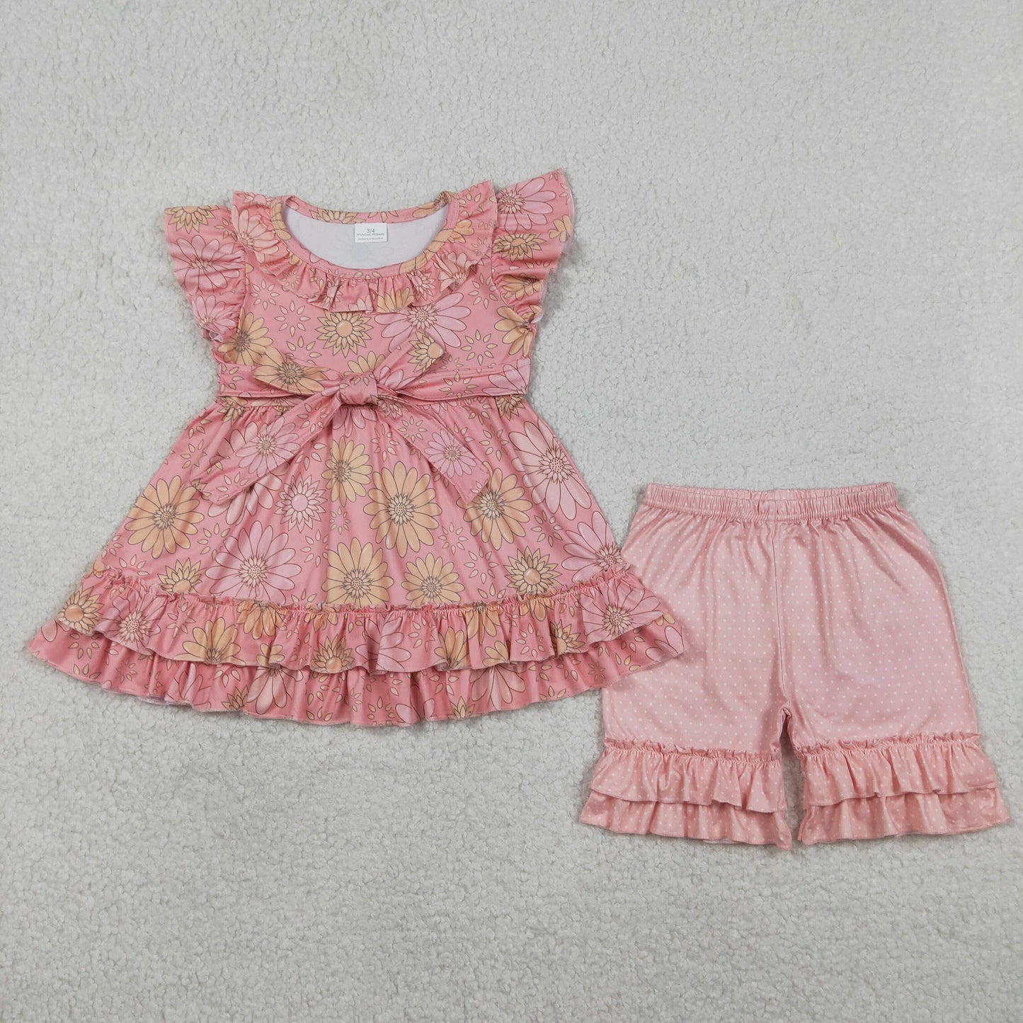 Baby Girls Flutter Sleeve Daisy Flowers Belt Tunic Ruffle Short Clothes Set