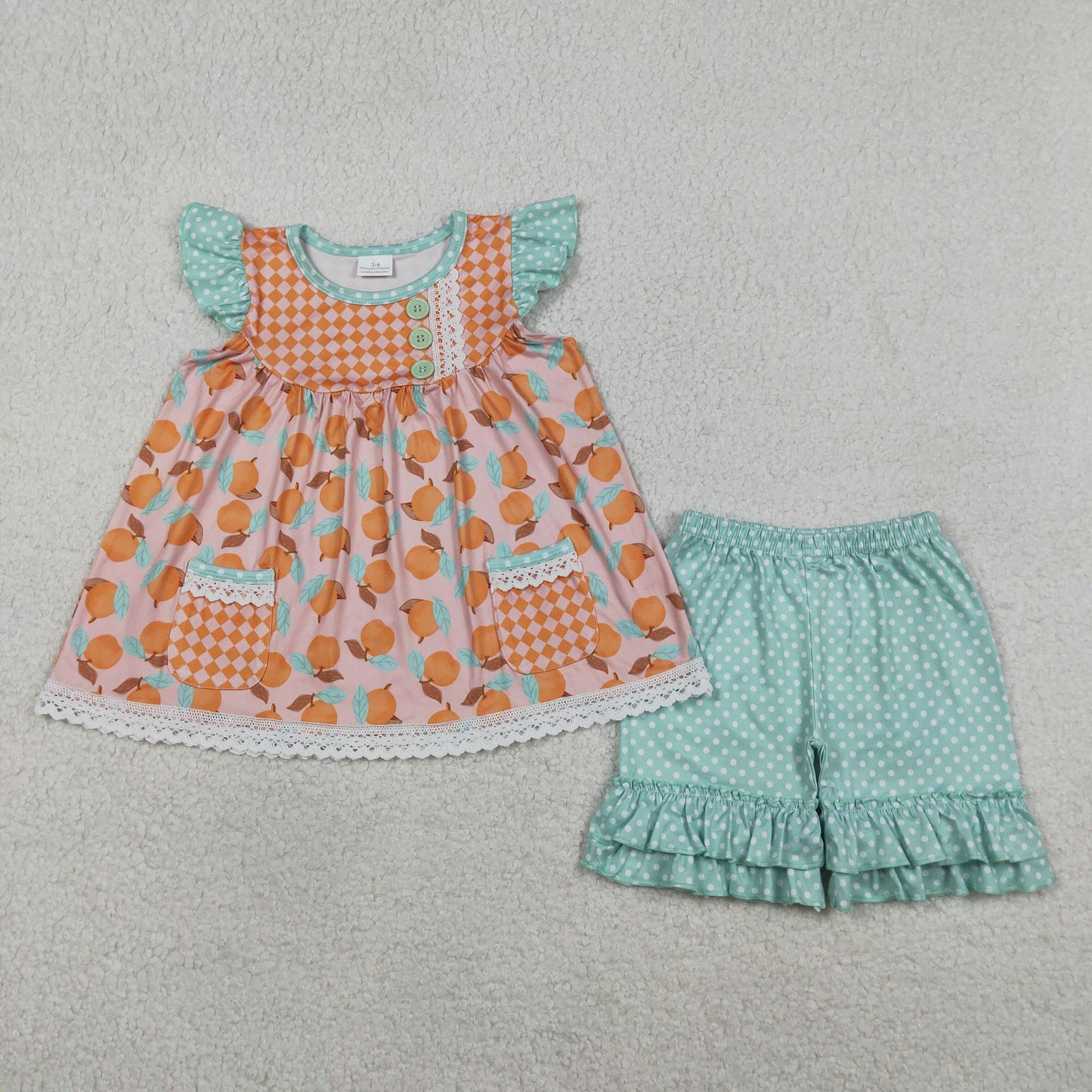 Baby Girls Flutter Sleeve Peaches Button Pockets Tunic Polka Dots Ruffle Short Clothes Set