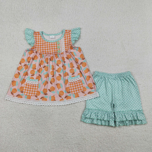 Baby Girls Flutter Sleeve Peaches Button Pockets Tunic Polka Dots Ruffle Short Clothes Set