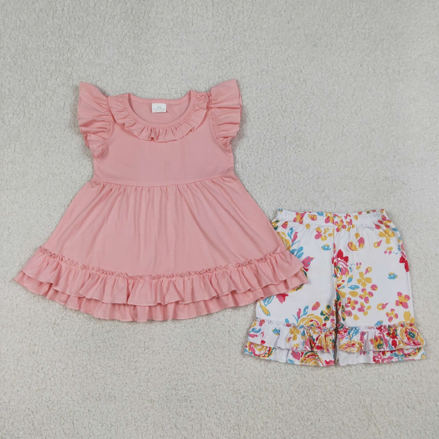 Baby Girls Pink Flutter Sleeve Tunic Flowers Ruffle Shorts Clothes Set