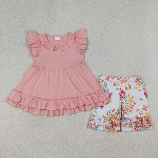 Baby Girls Pink Flutter Sleeve Tunic Flowers Ruffle Shorts Clothes Set