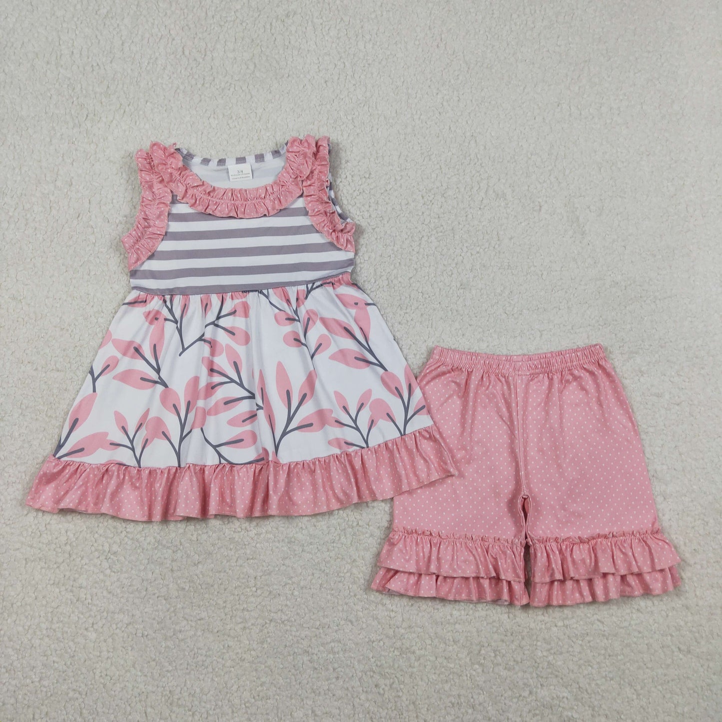 Baby Girls Sleeveless Flowers Stripe Tunic Polka Dots Ruffle Short Clothes Set