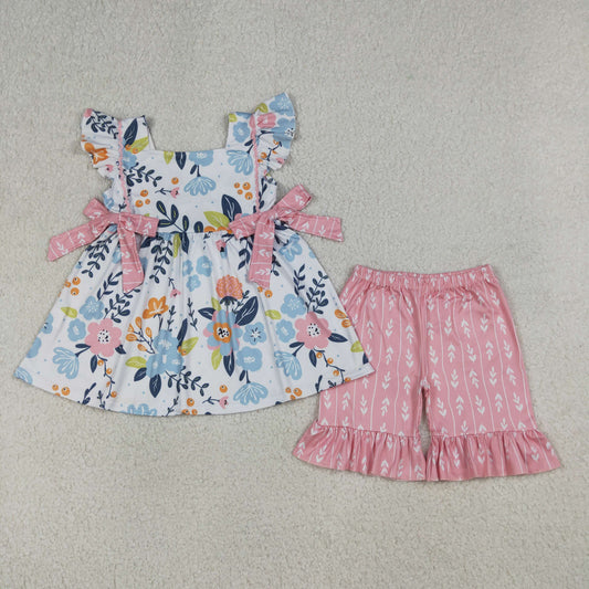Baby Girls Flutter Sleeve Flowers Tunic Ruffle Shorts Clothes Sets