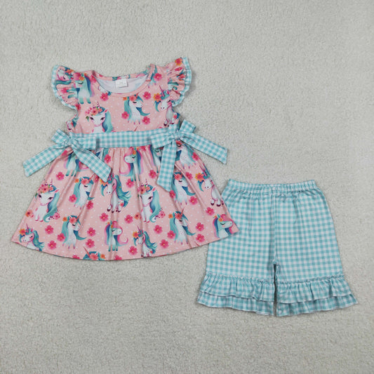 Baby Girls Flutter Sleeve Flowers Horses Tunic Checked Ruffle Shorts Clothes Set